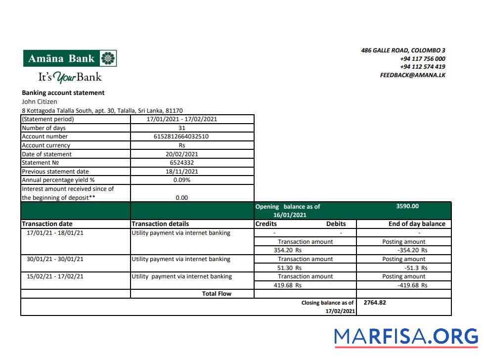 Printable Sri Lanka Amana bank statement excel real example